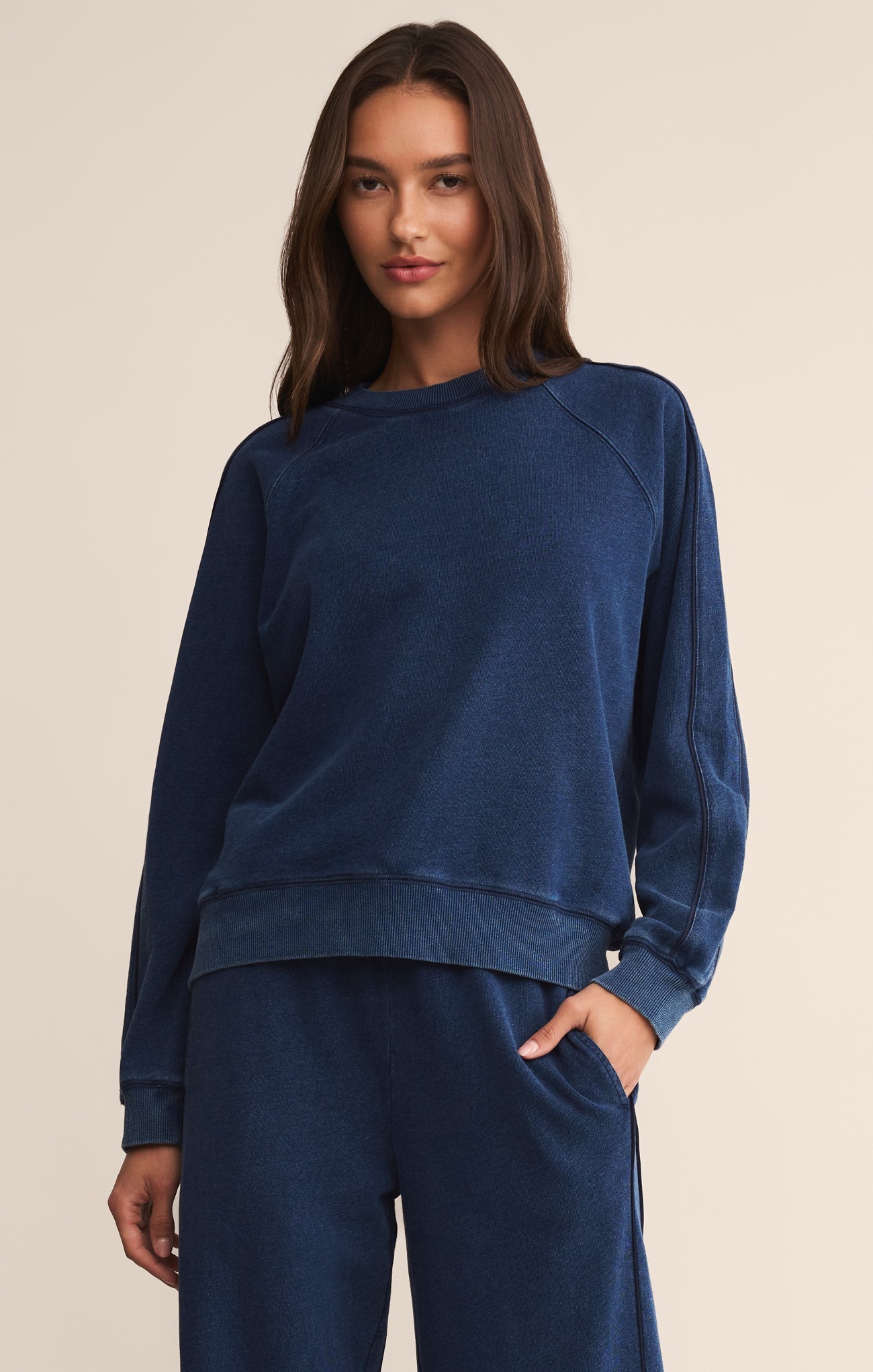 Sport Stripe Boyfriend Knit Denim Sweatshirt