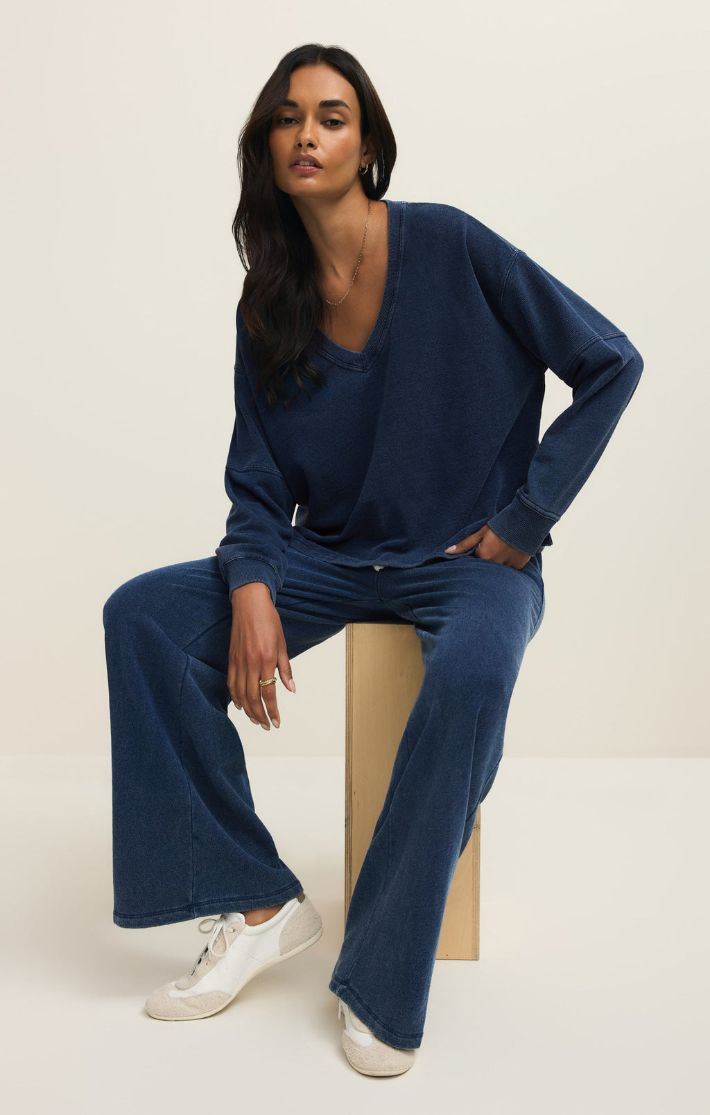 Delphine Knit Denim V-Neck Sweatshirt
