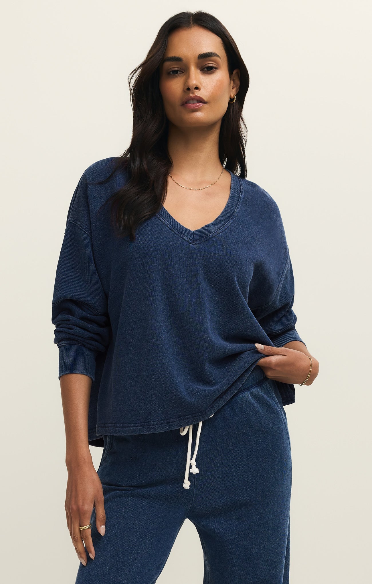 Delphine Knit Denim V-Neck Sweatshirt Main image