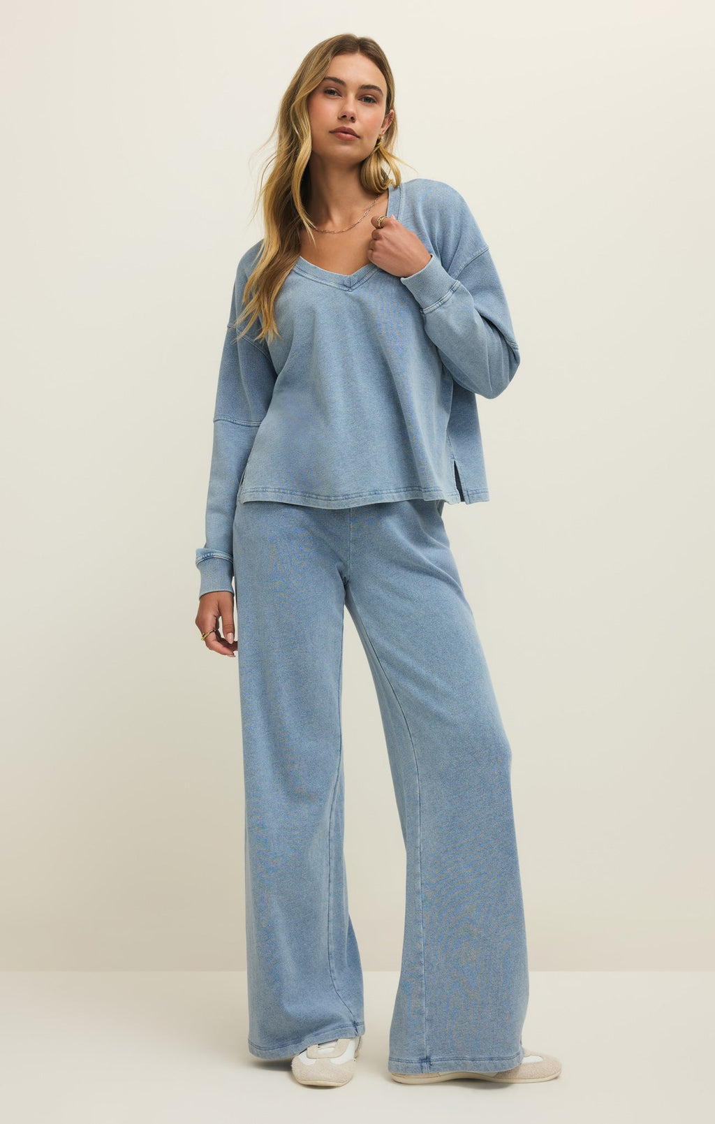 Delphine Knit Denim V-Neck Sweatshirt