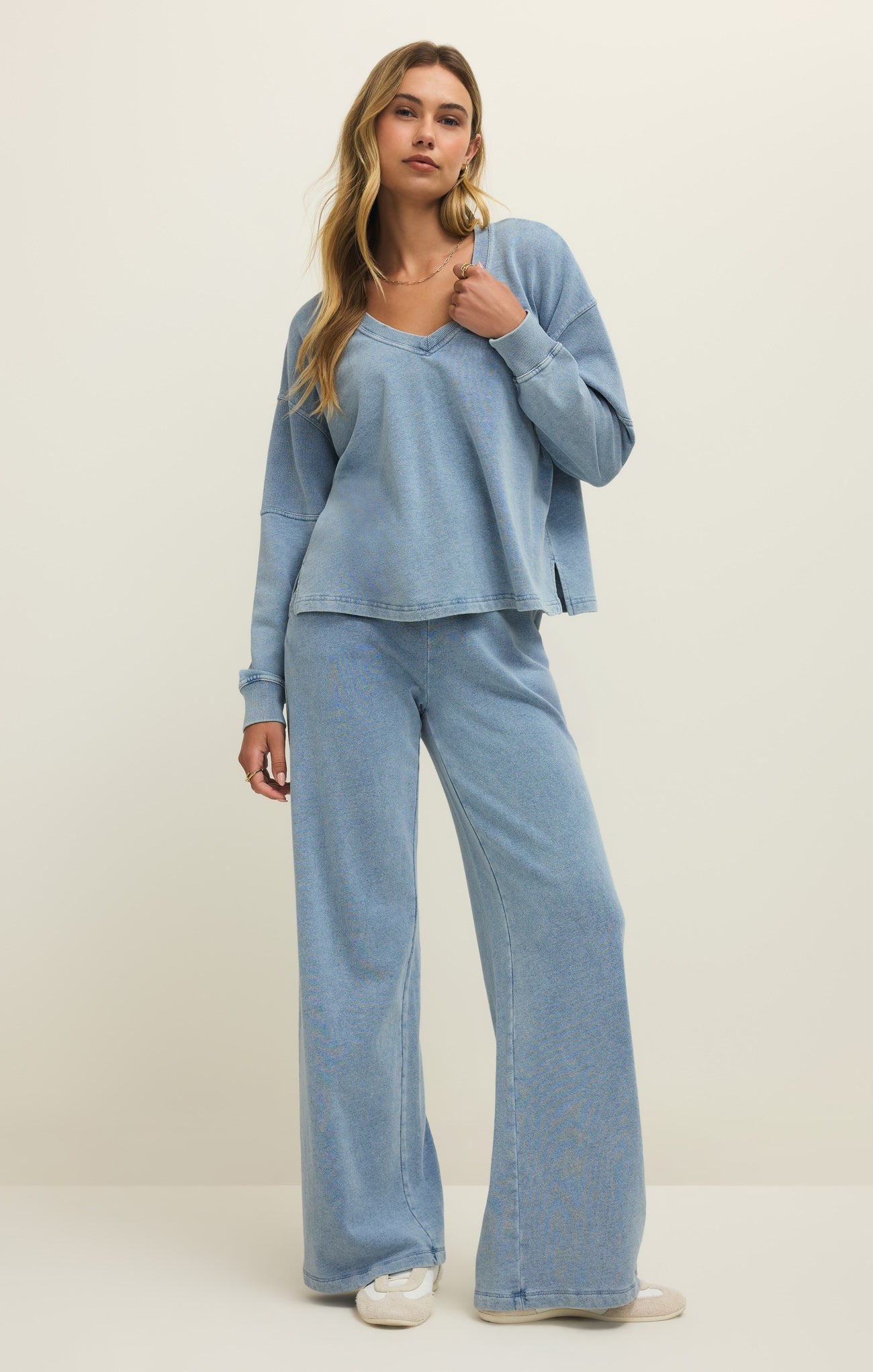 Delphine Knit Denim V-Neck Sweatshirt